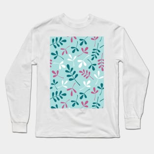 Assorted Leaf Silhouettes Teals Pink White Long Sleeve T-Shirt